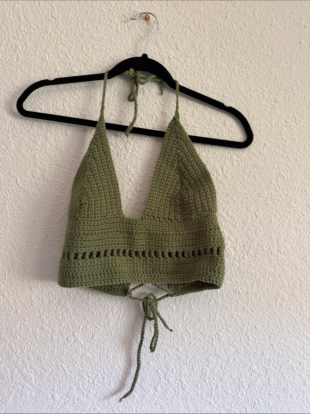 Crochet Halter Crop Top in Olive Green
